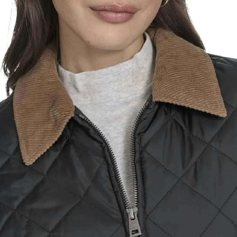 Quilted Diamond Jacket Corduroy Collar Rib Cuffs Zip Front